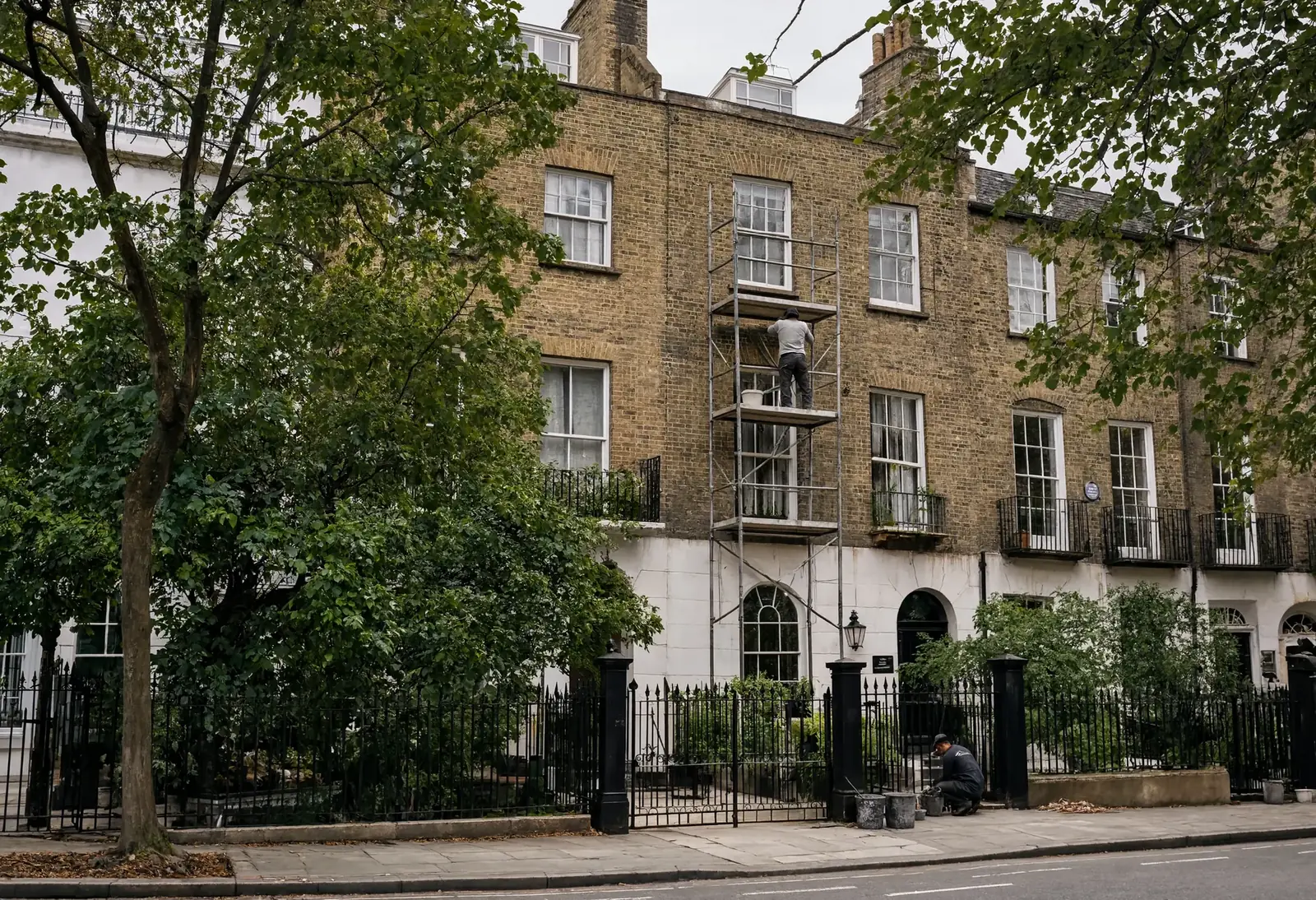 Georgian facade restoration — yellow brick townhouse London