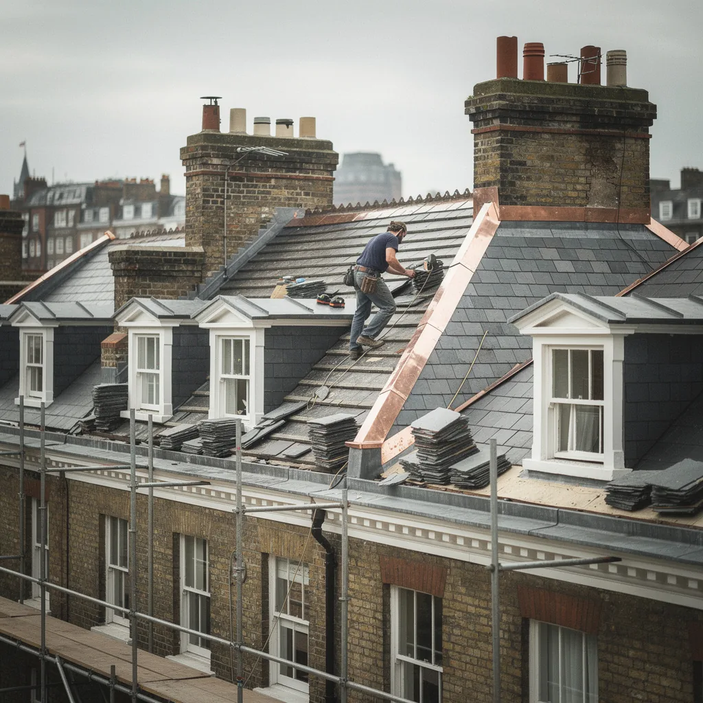 Slate roof restoration with copper valley flashing — London
