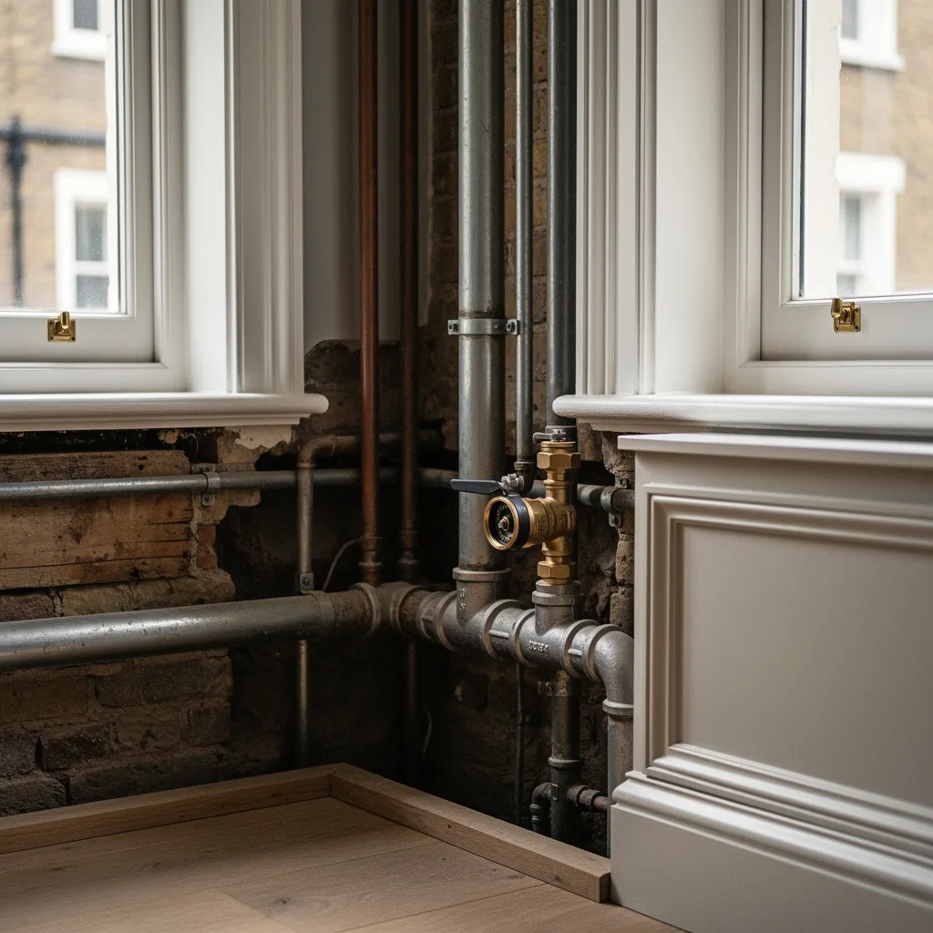Heritage brass valve and period pipework — London plumbing
