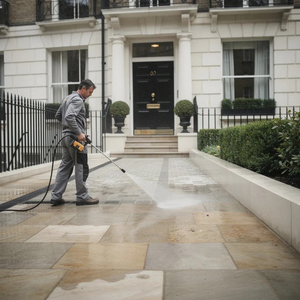 High-pressure cleaning of luxury sandstone driveway — London townhouse